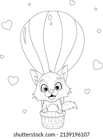 Coloring page. Cute cartoon fox is flying in a hot air balloon