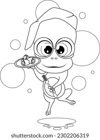 Coloring page. Cute cartoon frog chef with a dish