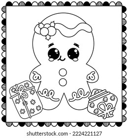 Coloring page of a cute cartoon gingerbread wiht Christmas presends. Vector black and white illustration isolated on white background.