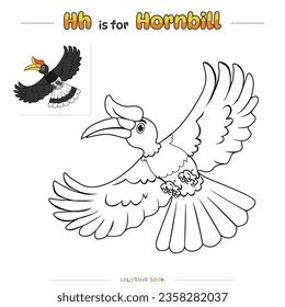 Colorear la página con una tierna caricatura. Pájaro de Hornbill colorante. Juego educativo para niños. actividades divertidas para que los niños jueguen y aprendan.