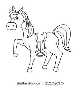 Coloring page with cute cartoon horse with saddle. Vector illustration.