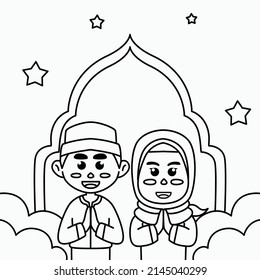 Coloring page cute cartoon illustration of Muslim boys and girls, welcoming Eid Al-Fitr Ramadan for banners, pamphlets, stickers