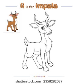 Farbige Seite mit süßem Cartoon. Farbseite Impala Antelope. Erziehungsspiel für Kinder. Spaß für Kinder zu spielen und zu lernen.