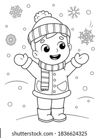 Coloring page of a cute cartoon kid in winter clothes enjoying the snow. Coloring book for kids.