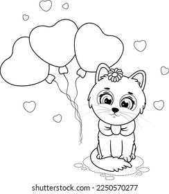 Coloring page. Cute cartoon kitten with balloons and hearts