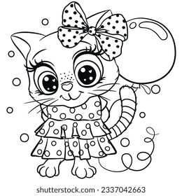 Coloring Page Cute Cartoon Kitty in dress