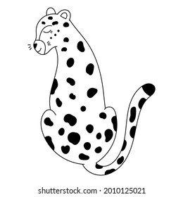Coloring page with cute cartoon leopard. Black and white outline vector illustration. Hand drawn jungle animals.