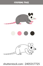 Coloring page with cute cartoon opossum . Worksheet for children.