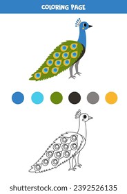 Coloring page with cute cartoon peacock. Worksheet for children.