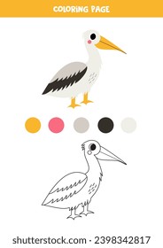 Coloring page with cute cartoon pelican. Worksheet for children.