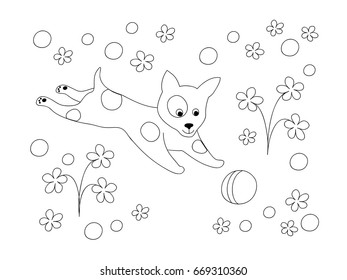 Coloring page with cute cartoon playing puppy among flowers for children coloring book, album, decorate kids room, wall, book. Black and white outline illustration.  eps 10