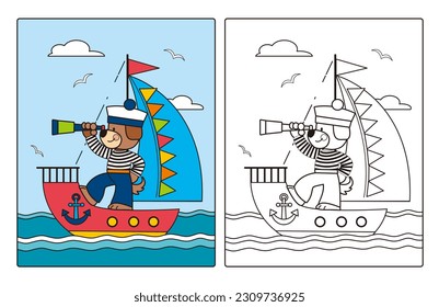 Coloring page with cute cartoon puppy sailing on ship. Coloring book with line black and white illustration and colorful example for kids.