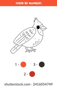  Coloring page with cute cartoon red cardinal bird. Color by numbers. Math game for kids.