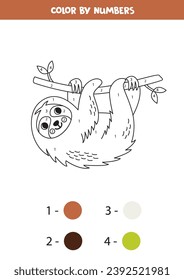  Coloring page with cute cartoon sloth. Color by numbers. Math game for kids.