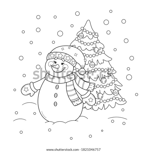 クリスマスツリーを持つかわいい漫画のスノーマンのカラーリングページ 白い背景にベクター画像の白黒イラスト のベクター画像素材 ロイヤリティフリー