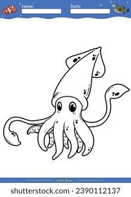 Colorear la página con una tierna caricatura. Colorante página Squid. Juego educativo para niños. actividades divertidas para que los niños jueguen y aprendan.