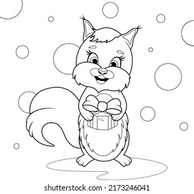 Coloring page. Cute cartoon squirrel with a gift