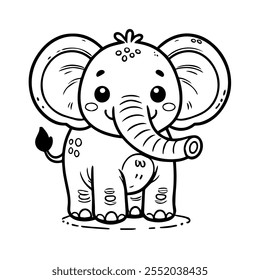 Coloring page, Cute cartoon style image of a baby elephant standing and waving its trunk.