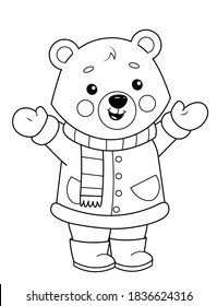 Coloring page of a cute cartoon teddy bear in winter clothes. Coloring book for kids.