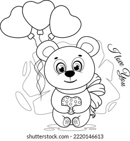 Coloring page. Cute cartoon teddy bear with a heart and balloons