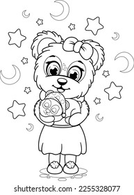 Coloring page. Cute cartoon teddy bear with a soft toy panda
