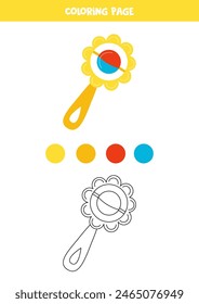 Coloring page with cute cartoon toy rattle. Worksheet for children.