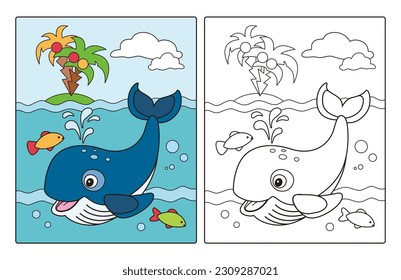 Coloring page with cute cartoon whale and fishes. Coloring book with line black and white illustration and colorful example for kids.