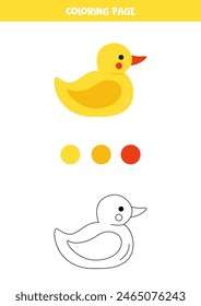 Coloring page with cute cartoon yellow rubber duck. Worksheet for children.
