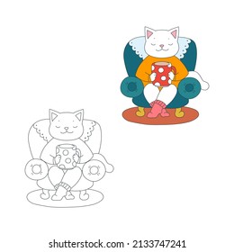 Coloring page with cute cat. Autumn illustration of a cat sitting in the armchair with cup of hot drink. Vector 10 EPS