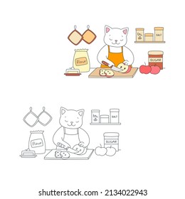 Coloring page with cute cat baker. Illustration of a cute white cat cutting apples in the kitchen. Vector 10 EPS.