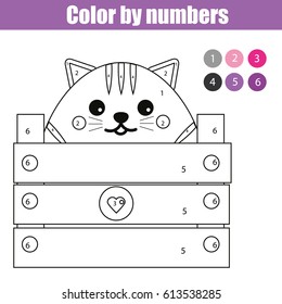 Coloring page with cute cat character. Color by numbers educational children game, drawing kids activity, printable sheet