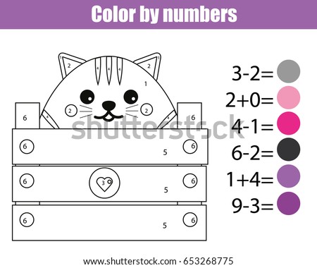 Coloring page with cute cat character. Color by numbers educational children game, drawing kids activity, printable sheet. Math game. Learning mathematics, algebra, addition and subtraction