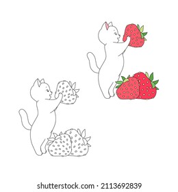 Coloring page with cute cat and fruit. Illustration of a kitten holding a big strawberry. Vector 10 EPS.