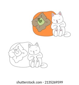 Coloring page with cute cat and fruit. Illustration of a kitten sleeping near a big persimmon. Vector 10 EPS.