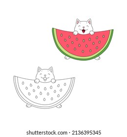 Coloring page with cute cat and fruit. Illustration of a kitten sitting with a watermelon in his paws. Vector 10 EPS.