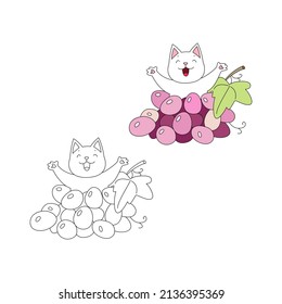 Colorear la página con un lindo gato y fruta. Ilustración de un gatito sentado sobre una uva. Vector 10 EPS.