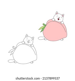 Coloring page with cute cat and fruit. Illustration of a kitten playing with a big peach. Vector 10 EPS.
