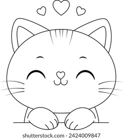 Colorante página de un lindo gato con corazones. Libro de colorear ilustraciones de San Valentín