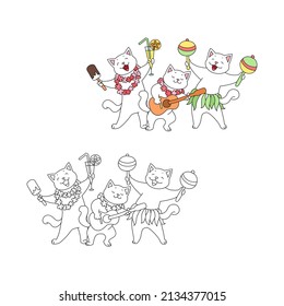 Coloring page with cute cat. Illustration of a three funny cats enjoying beach party. Vector 10 EPS.