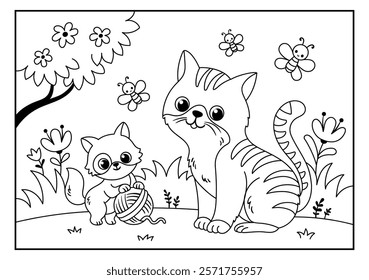 Coloring page with cute cat and kitten in black and white. Vector illustration with pet animals in cartoon style. Mother and baby. 