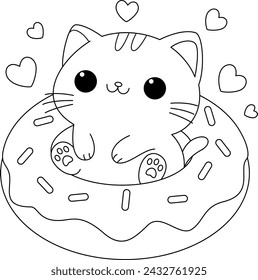 Coloring page of cute cat lying inside a donut