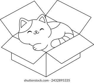 Dibujo para colorear de gato lindo está tirado dentro de una caja