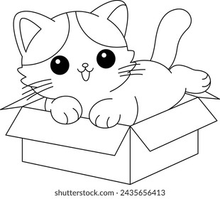 Dibujo para colorear de gato lindo está tirado dentro de una caja	