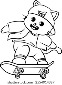 Coloring page of cute cat playing skateboard