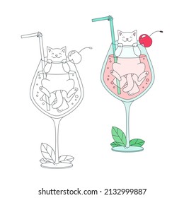 Coloring page with cute cat. Summer illustration of a happy cat and a cocktail glass. Vector 10 EPS.