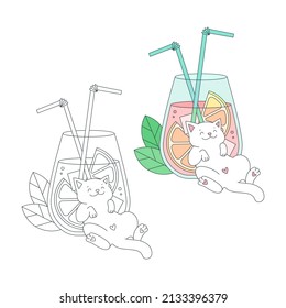 Coloring page with cute cat. Summer illustration of a happy cat and a cocktail glass. Vector 10 EPS.