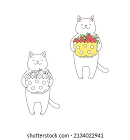 Coloriendo la página con un lindo gato. Ilustración veraniega de gato gracioso sosteniendo un tazón lleno de fresas. Vector 10 EPS.