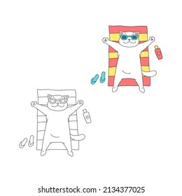 Coloring page with cute cat. Summer illustration of funny cat sunbathing on a striped beach towel. Vector 10 EPS.