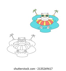 Coloring page with cute cat. Summer illustration of funny cat swimming with a swimming ring in the sea. Vector 10 EPS.
