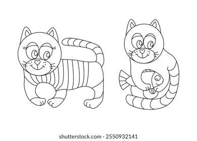 Coloring page with Cute Cats. Coloring book for kids. Kitten. Worksheet. Sketch vector illustration